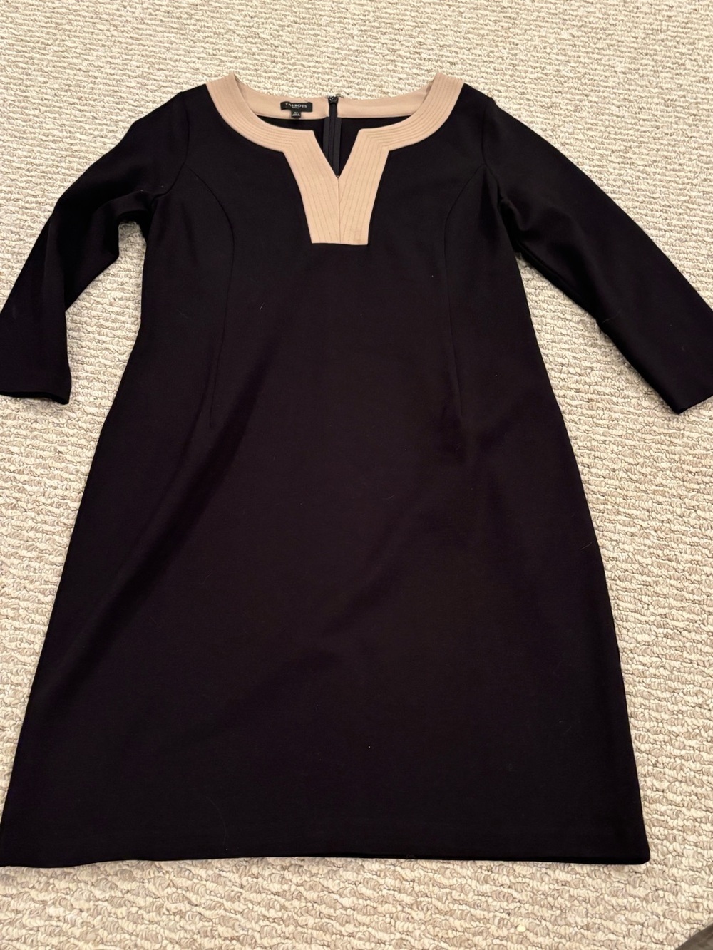 Talbots Black Knit Shift Dress Women’s Size 6 Petite Beige Trim 3/4 Sleeve
